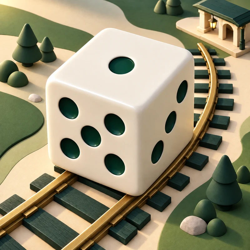 Dice Rail app icon showing an ivory die with green pips on a golden track.