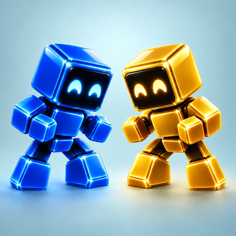 Doppel app icon showing blue and gold cube characters together on a pale blue background.